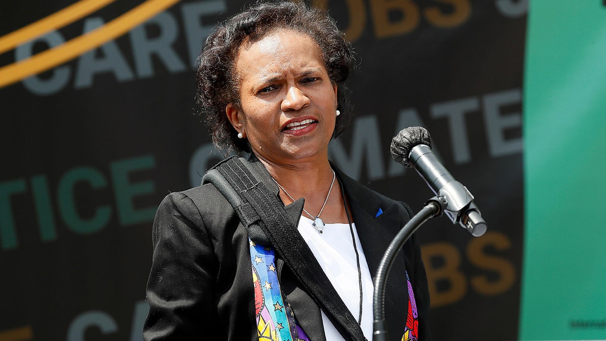 Chair Brenda Mallory, Council on Environmental Quality, speaks at the Fight for Our Future: Rally for Climate, Care, Jobs & Justice in Lafayette Square near The White House on April 23, 2022 in Washington, DC. (Photo by Paul Morigi/Getty Images for Green New Deal Network)