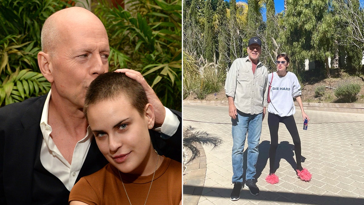 Split screen of Bruce Willis giving Tallulah a kiss on the head with a photo of Bruce and Tallulah standing in the driveway together