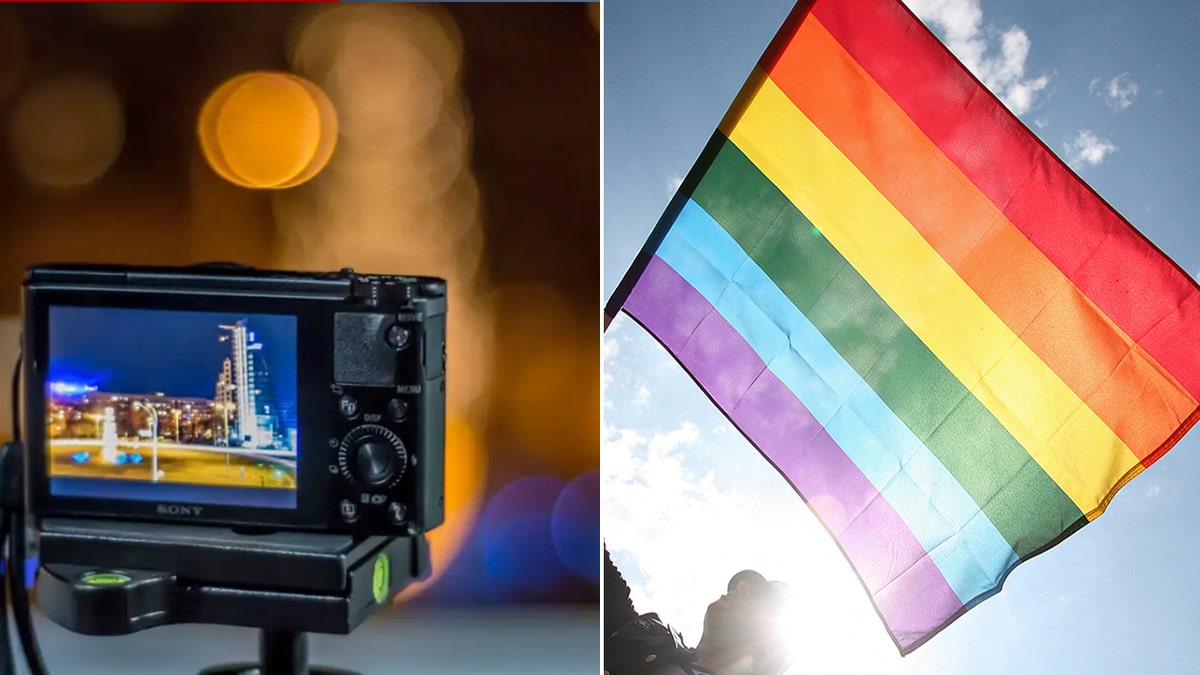 A camera photographing an LGBT flag