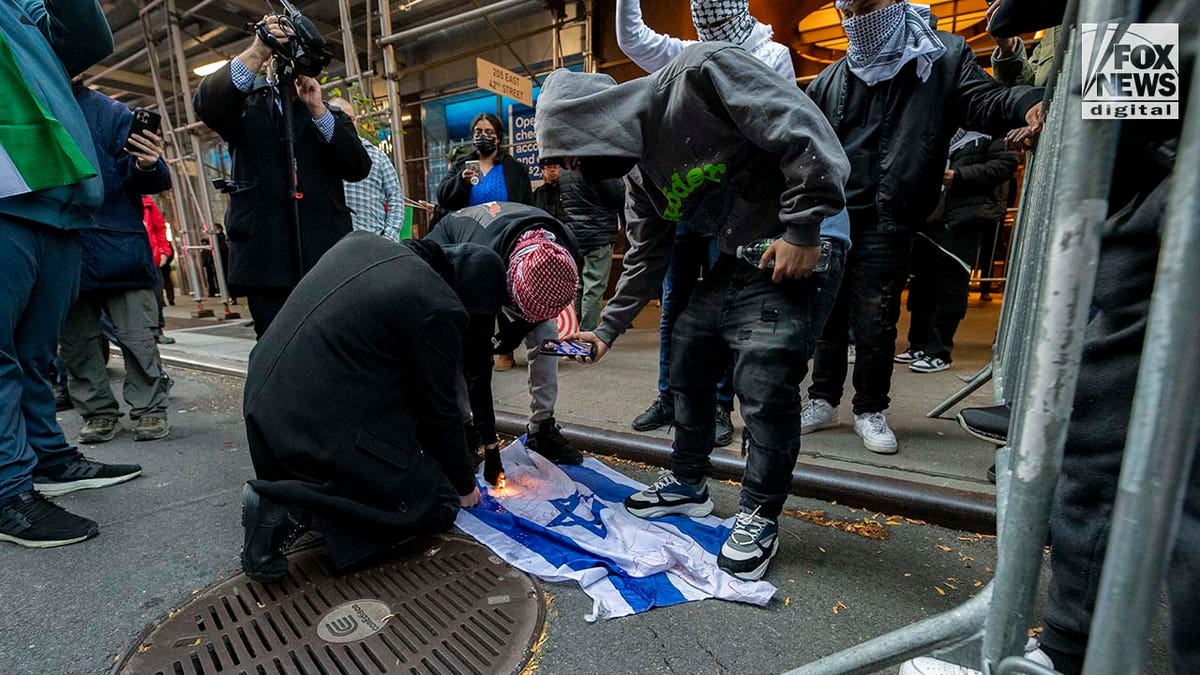Protester attempts to set fire to an Israeli flag