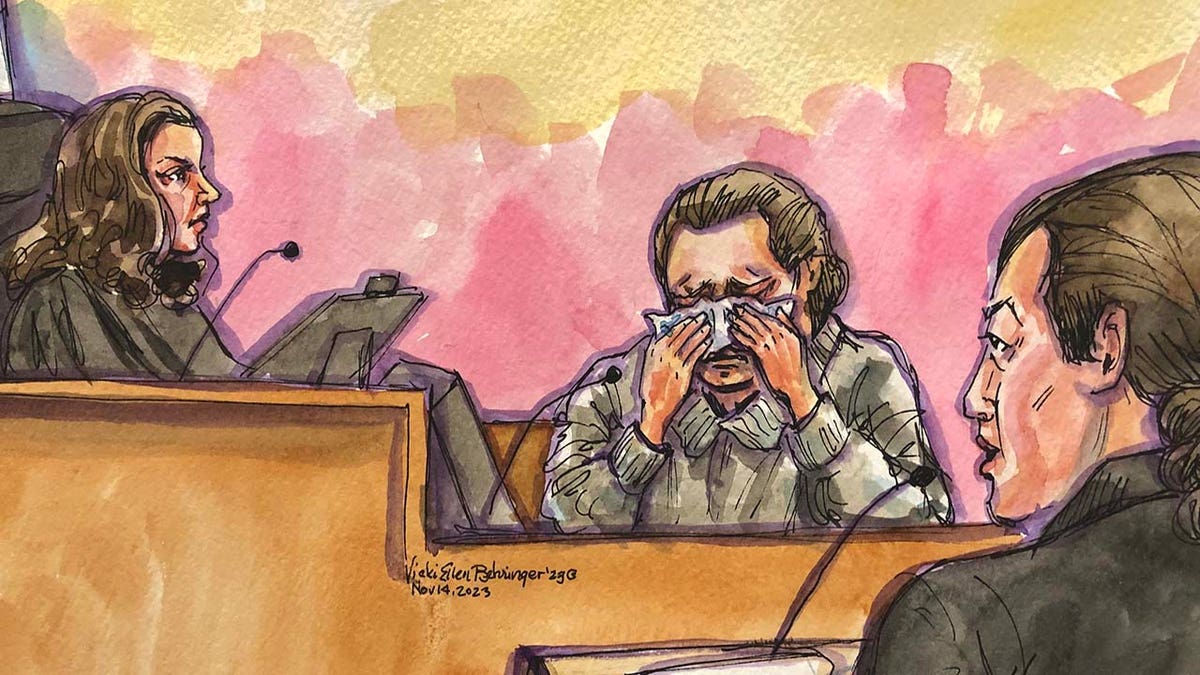 David DePape crying in a courtroom sketch