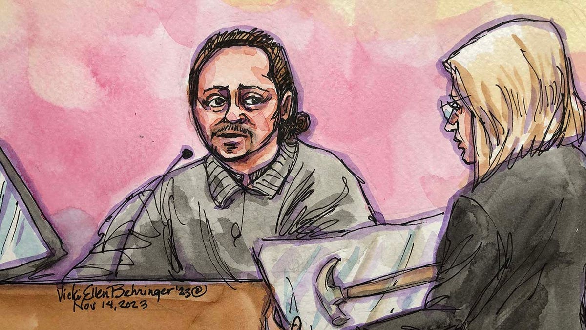 A courtroom sketch depicts the trial of David DePape