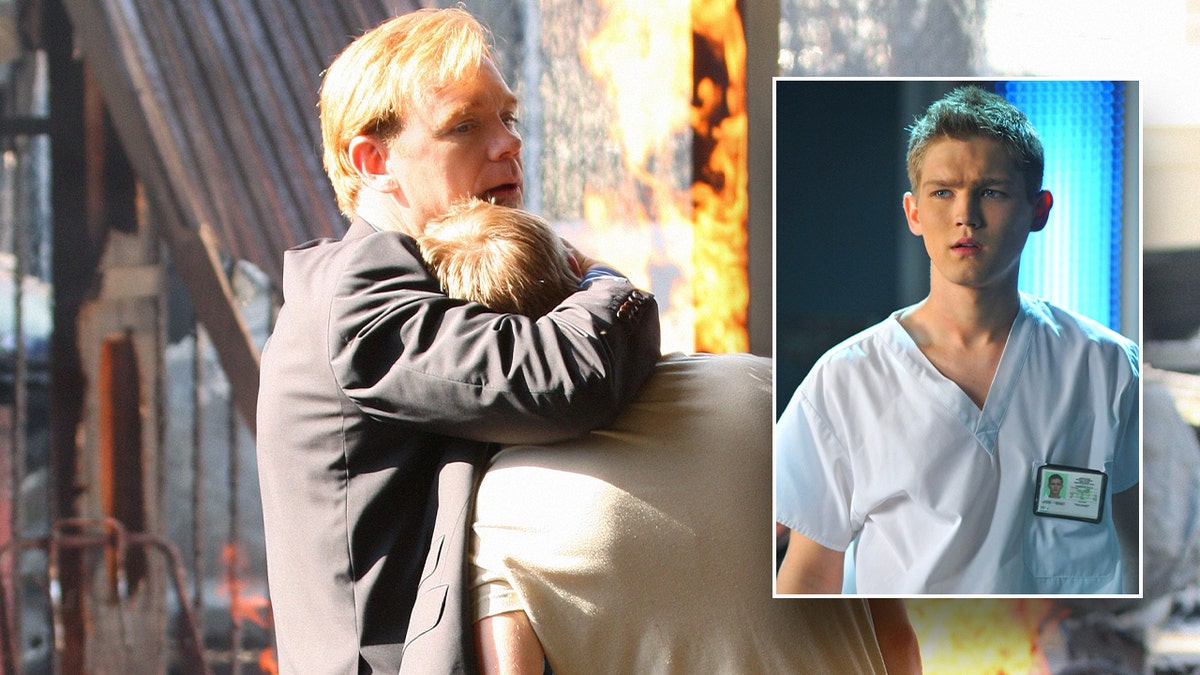 David Caruso hugging Evan Ellingson with an inset photo of Evan Ellingson