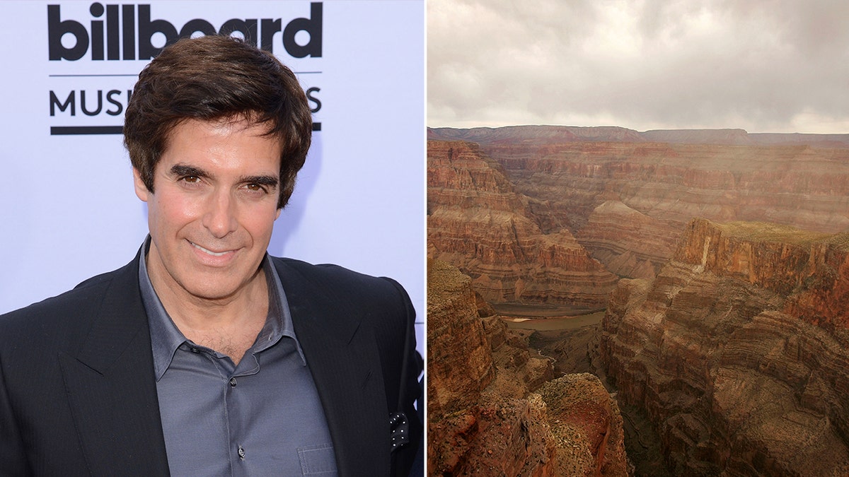 David Copperfield close up split screen with the Grand Canyon