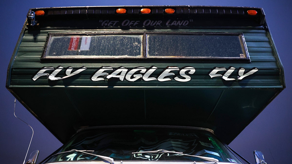 Eagles bus that reads 'Fly Eagles Fly'
