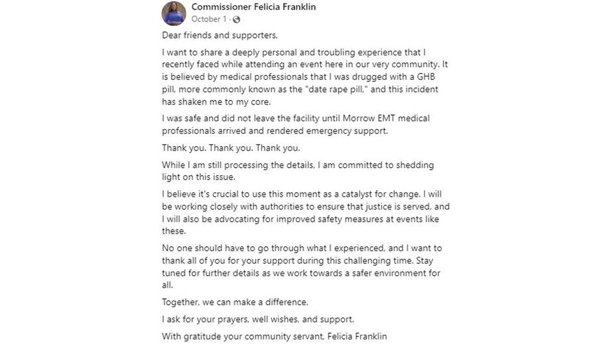 Felicia Franklin statement on Facebook