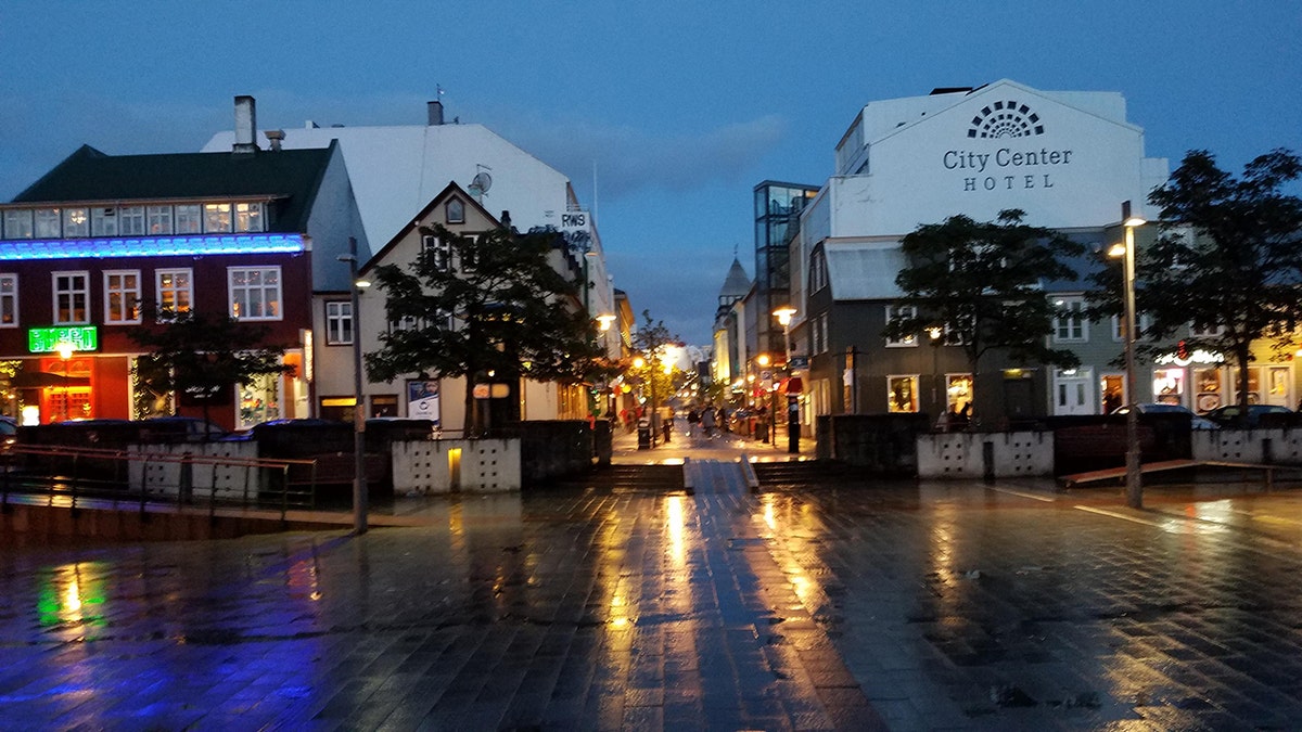 Reykjavik, the capital of Iceland lit up at night