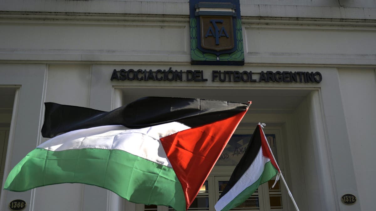 A Palestinian flag flies
