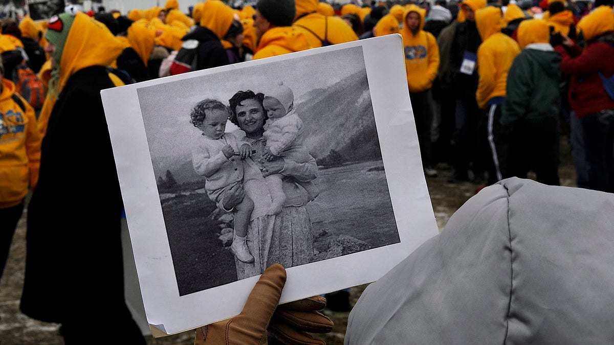 St. Gianna pictured on a sign