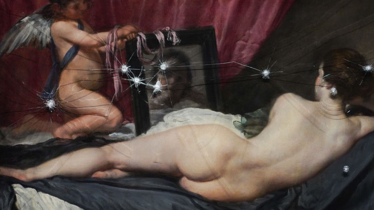 Just Stop Oil activists target the Rokeby Venus by Diego Velázquez on Nov. 6, 2023 in central London.