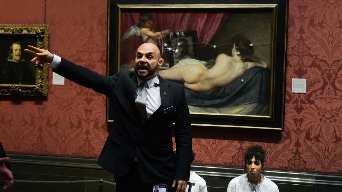 Just Stop Oil activists target the Rokeby Venus by Diego Velázquez Nov. 6, 2023 in central London.