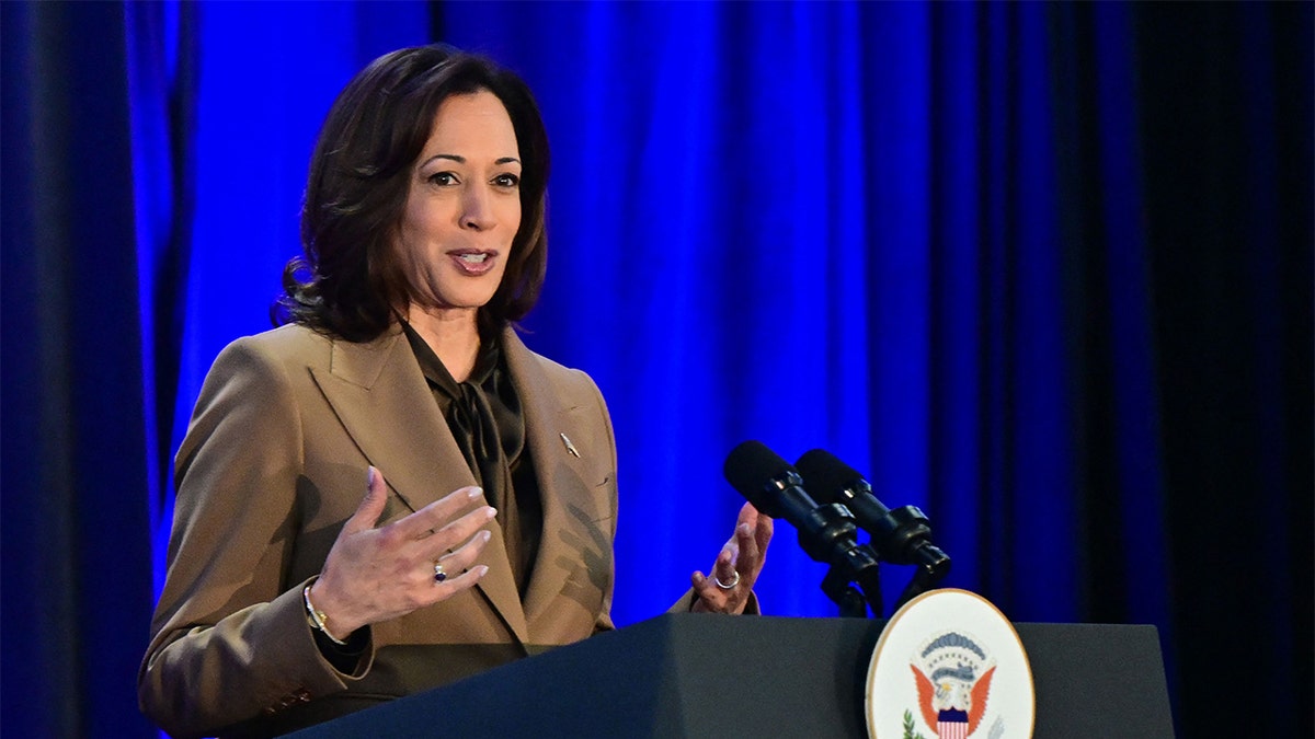 Vice President Kamala Harris speaking at lectern