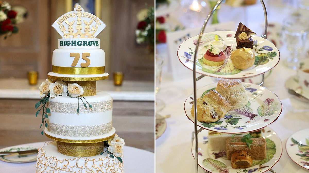 A side-by-side photo of King Charless birthday take and an afternoon tea tray