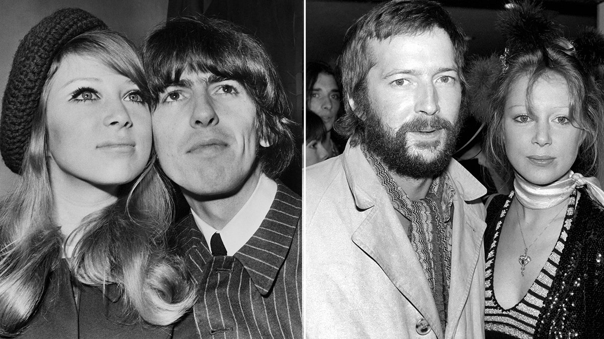 A split side-by-side image of Pattie Boyd with George Harrison and Pattie Boyd with Eric Clapton