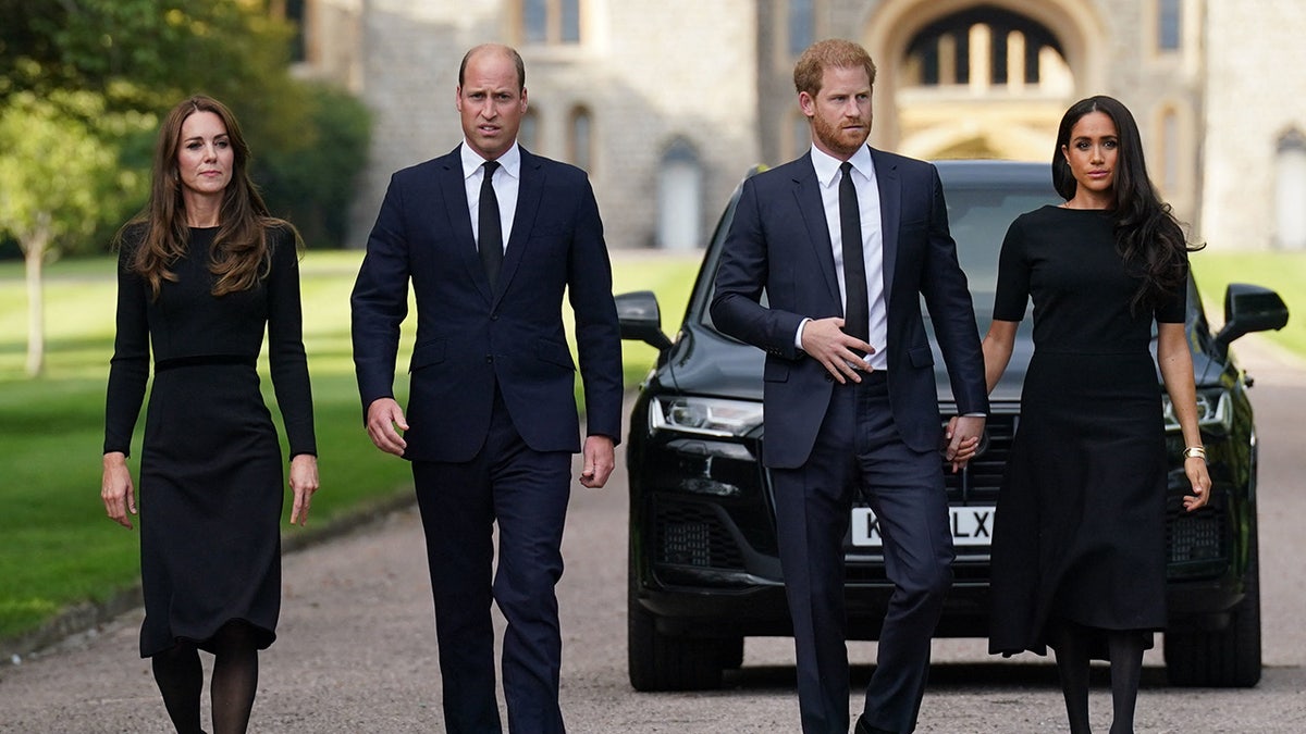 The British royals all looking somber in black attire in front of a car