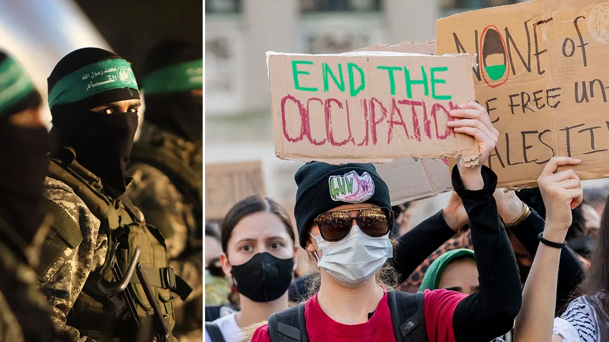 amas militant, left; pro-Palestinian demonstration right