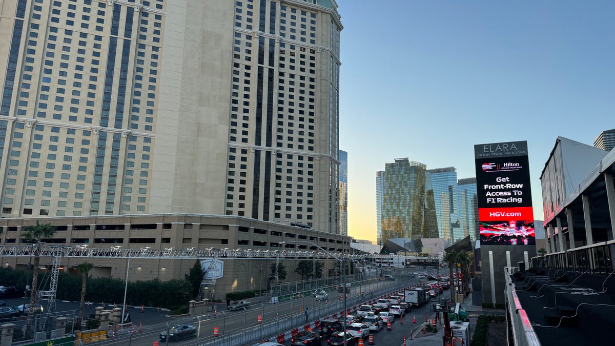 The view of the traffic alongside the racetrack from the Elara by Hilton Grand Vacations.