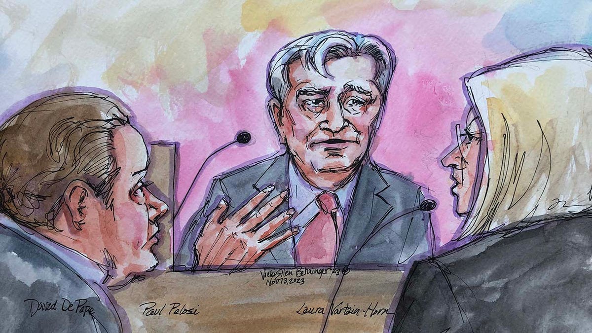 Courtroom drawing of Paul Pelosi on the witness stand