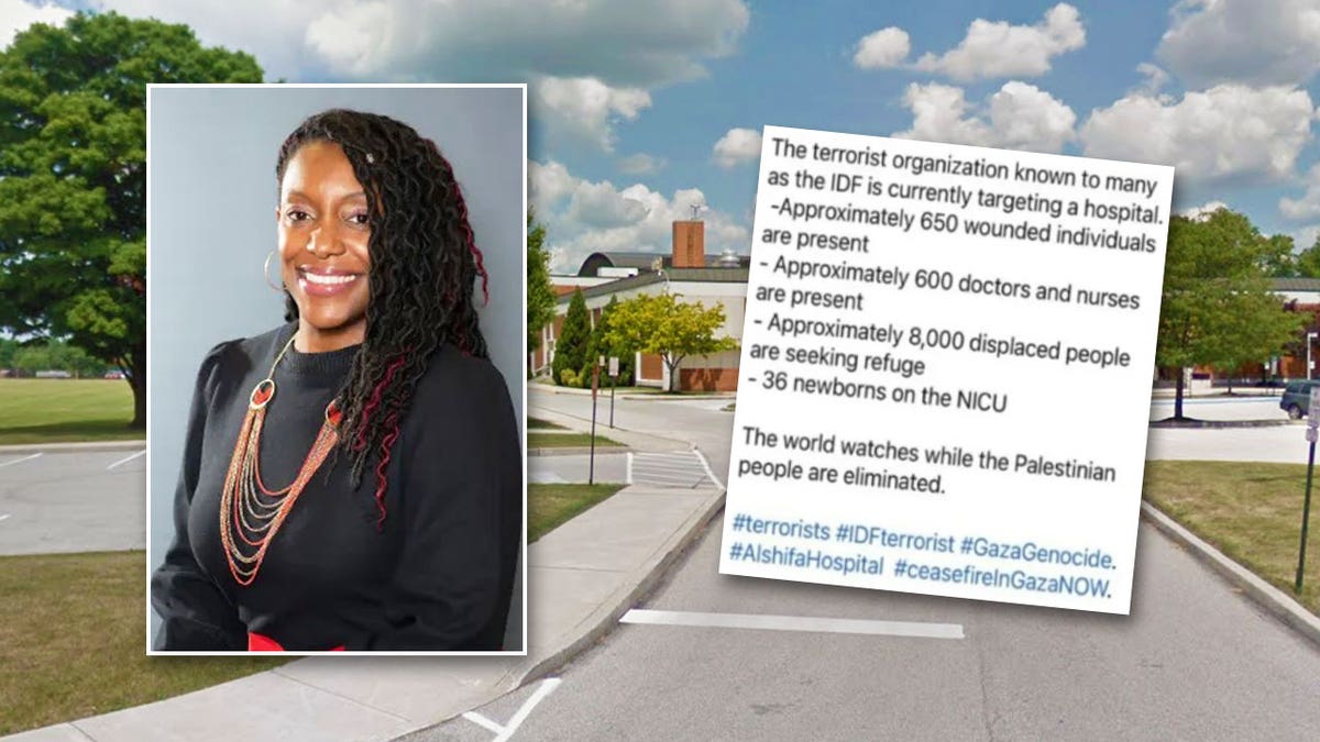 Jamina Clay, inset photo, left, excerpt from post, inset right; school district building background