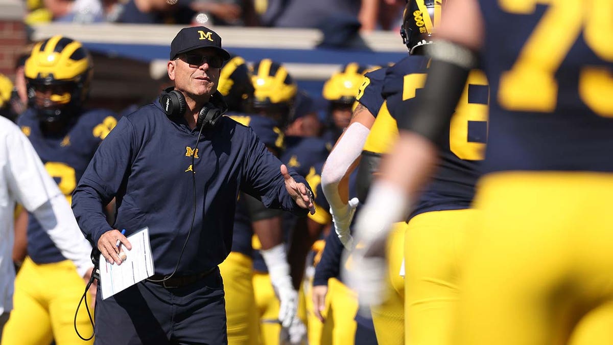 Jim Harbaugh looks on during a Michigan game