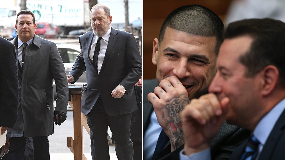 Jose Baez walks with Harvey Weinstein and laughs with Aaron Hernandez in court.