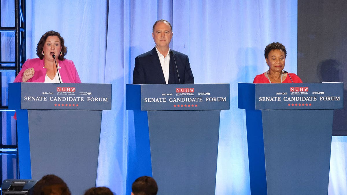 Katie Porter, left, Adam Schiff, center, and Barbara Lee, right