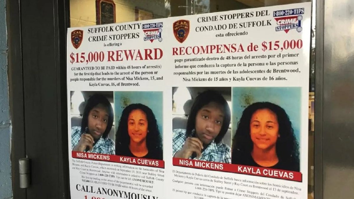 posters of Nisa Mickens and Kayla Cuevas asking for information on thier deaths in Long Island, New York