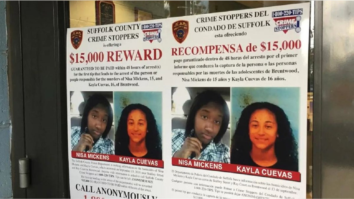 posters of Nisa Mickens and Kayla Cuevas asking for information on thier deaths in Long Island, New York