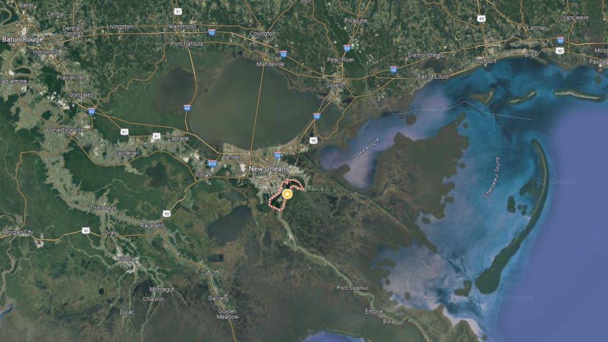 A Google Map image of an area being searched near Belle Chasse for four missing crew members.