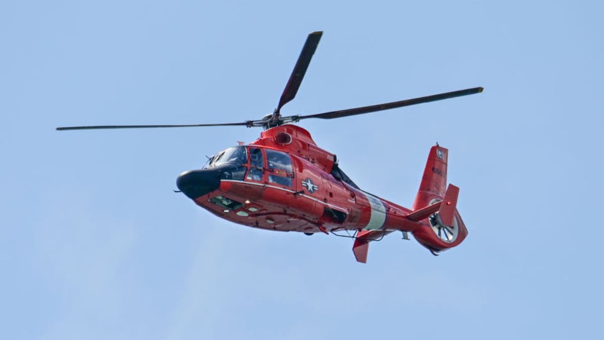 A U.S. Coast Guard Search and Rescue helicopter in flight.