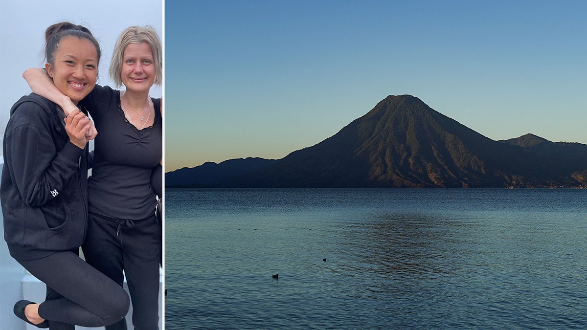 Two women pose together on a retreat.