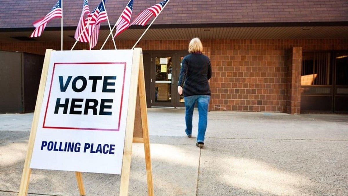 A "Vote Here" sign outside a New Jersey polling location