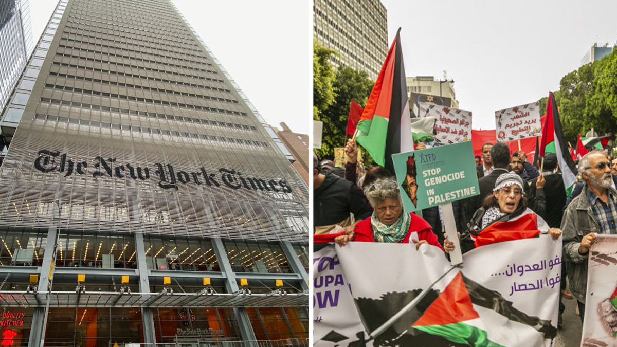 Foto del edificio del NYT junto a foto de manifestantes