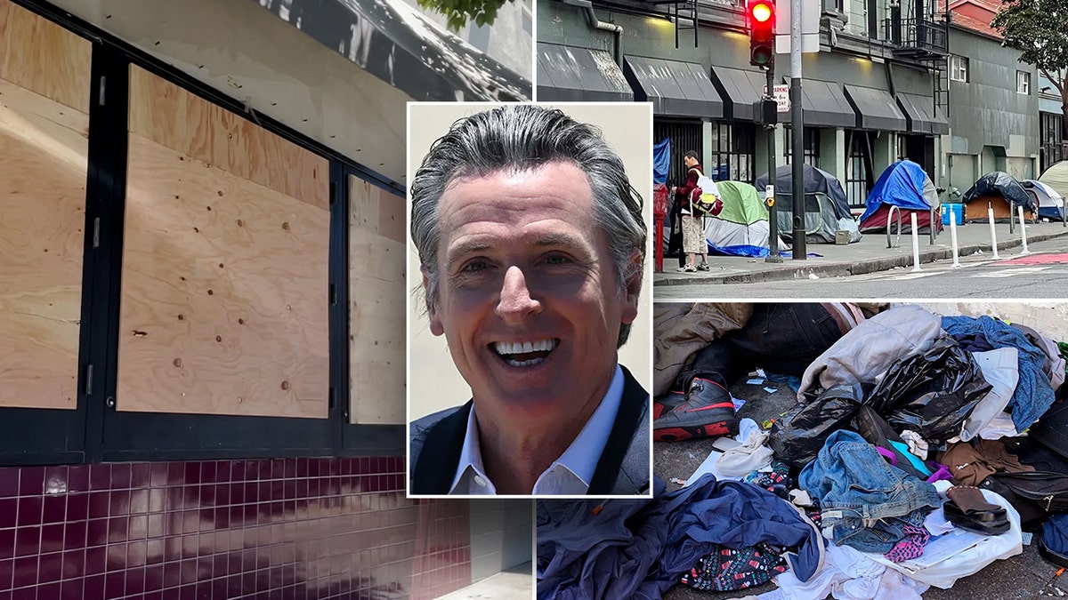 center: Gov. Gavin Newsom in photo collage of boarded up storefront, homeless encampments