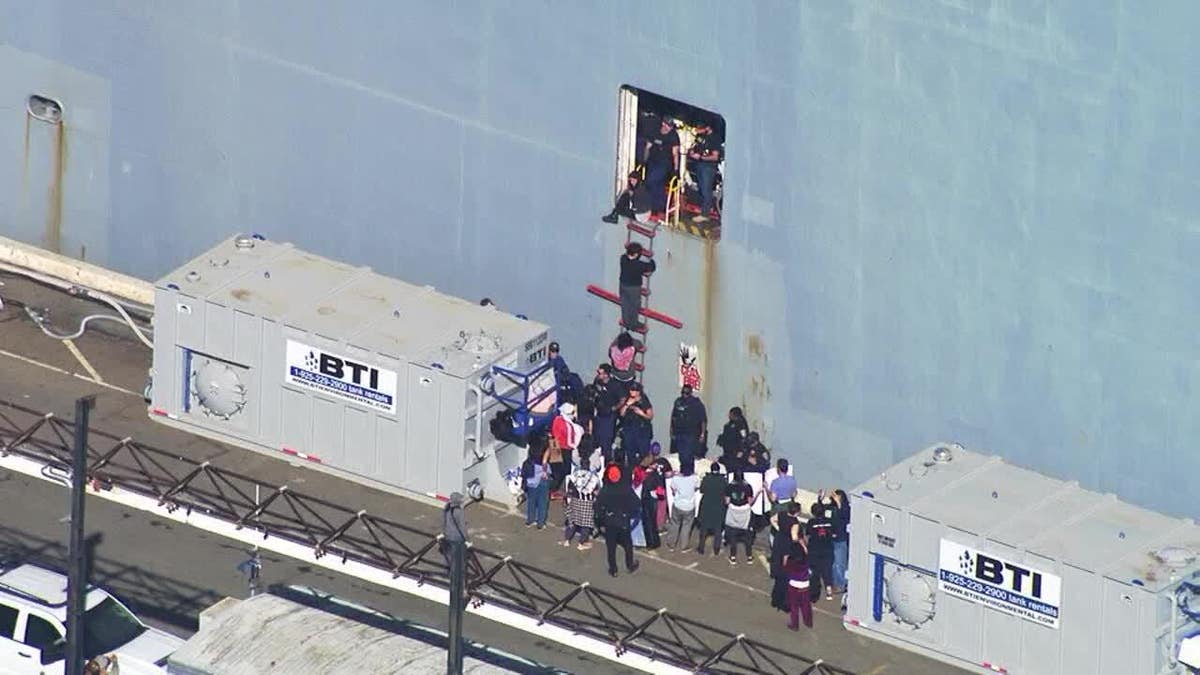 Protesters block the closing of the ship's door with a rope ladder
