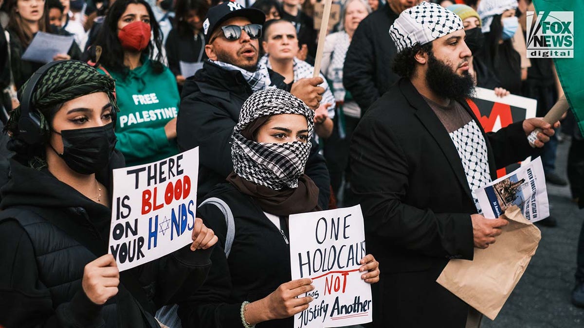 Pro-Palestine protestors carrying signs gather at Union Square in New York City