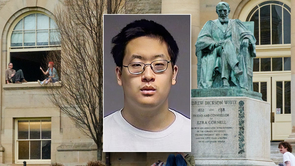 Patrick Dai booking photo in front of Cornell campus.