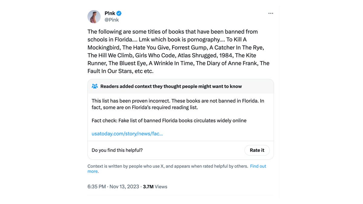 Pink hit with Community Notes for false claim FL schools banned