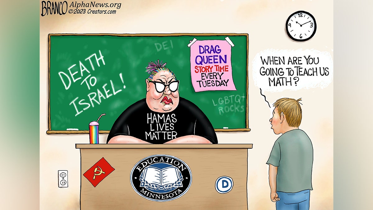 Cartoon showing teacher in 'Hamas Lives Matter' shirt