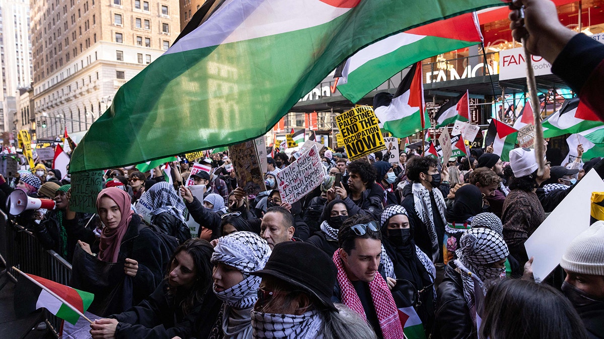 People gather during a demonstration in support of Palestinians outside Macy's in New York City on November 24, 2023. Israel has vowed to destroy Hamas in response to the October 7 attacks which Israeli officials say killed about 1,200 people, most of them civilians in southern Israel, and saw about 240 people taken hostage. Hamas on November 24 freed a first batch of hostages seized in the deadliest attack in Israel's history under a deal that saw a temporary truce take hold in war-ravaged Gaza.