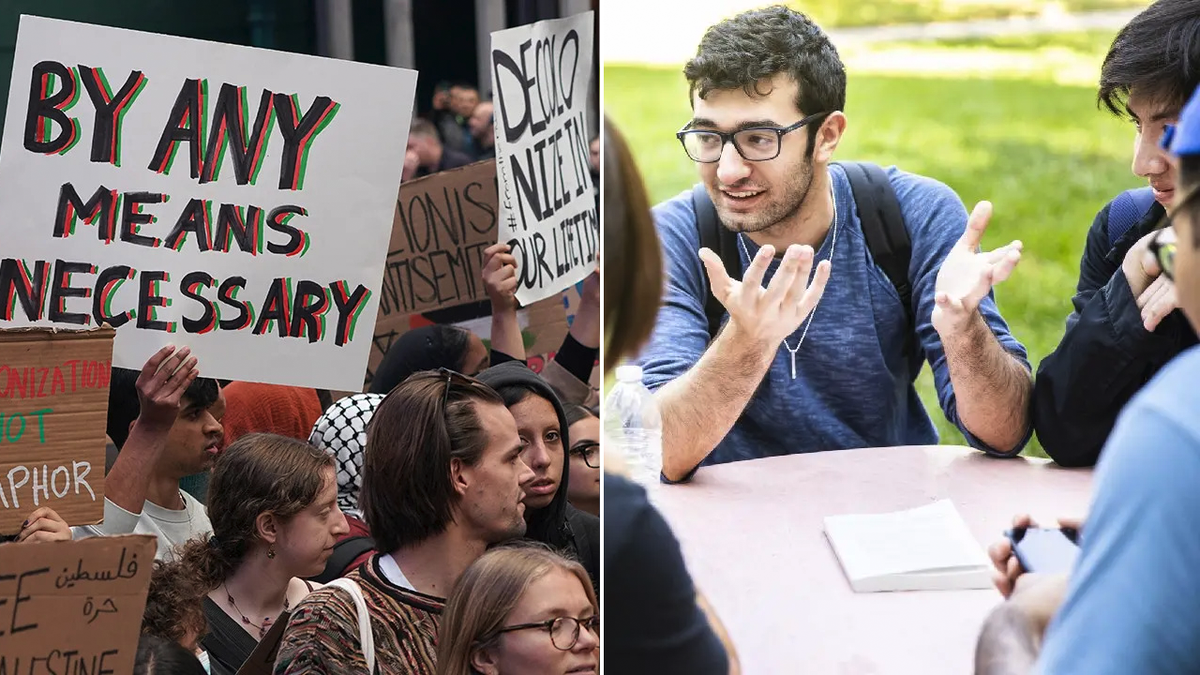 Protesters and college students split image