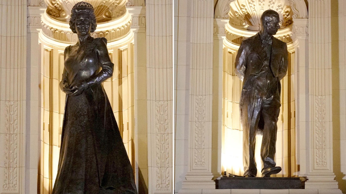Split screen of bronze statue of Queen Elizabeth II and Prince Philip