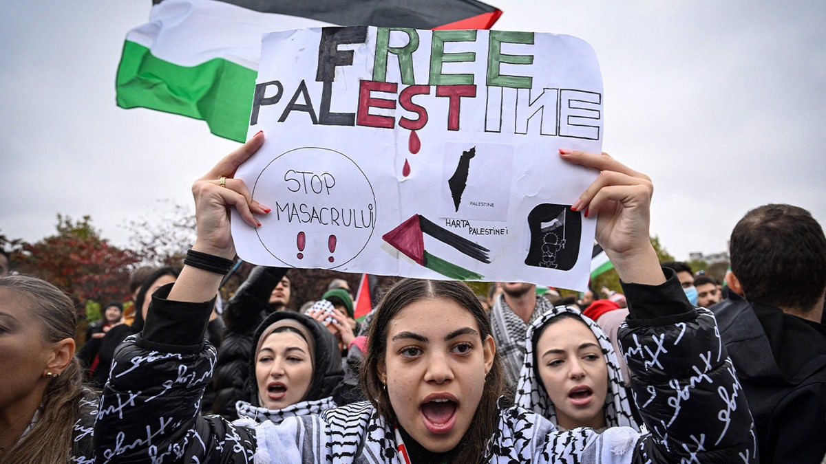 A woman holds one "Free Palestine" mark