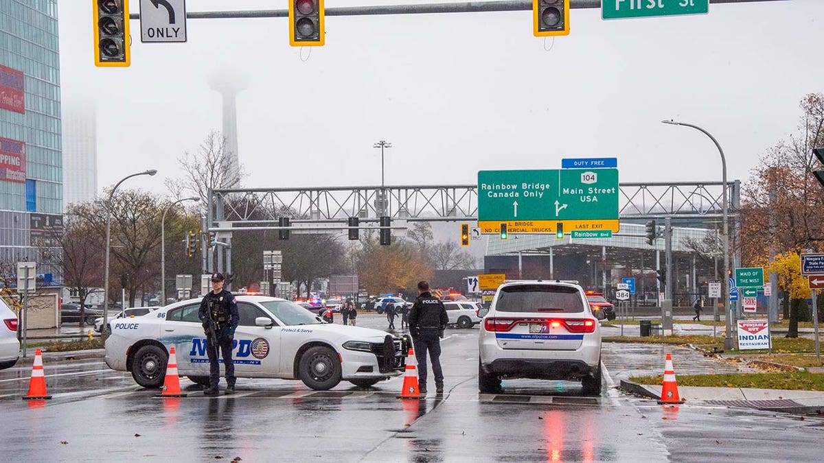 General view of police activity on the Rainbow Bridge following an explosion