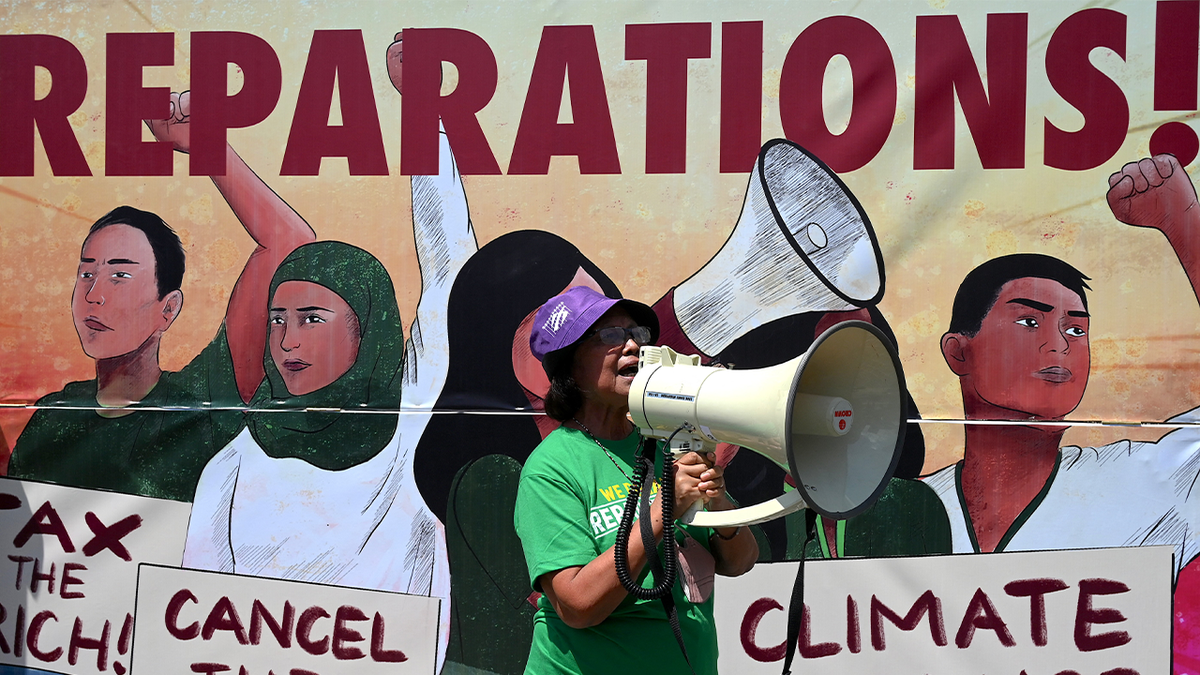 Reparations protest with megaphone