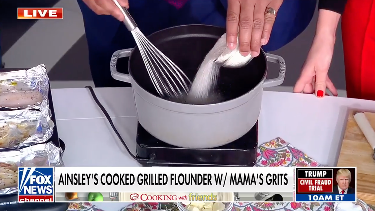 grits being poured into a pot