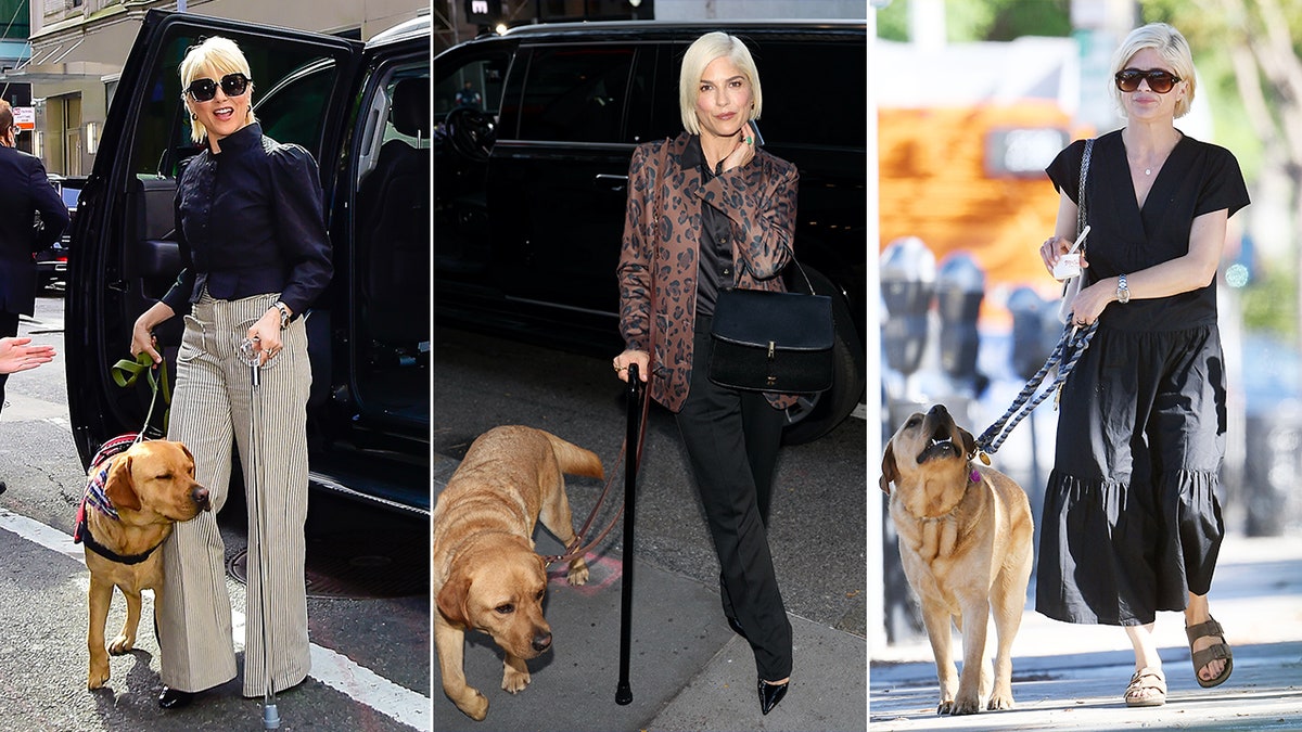 Selma Blair steps out of her car with her service dog split poses with her service dog outside a car split walks with her service dog