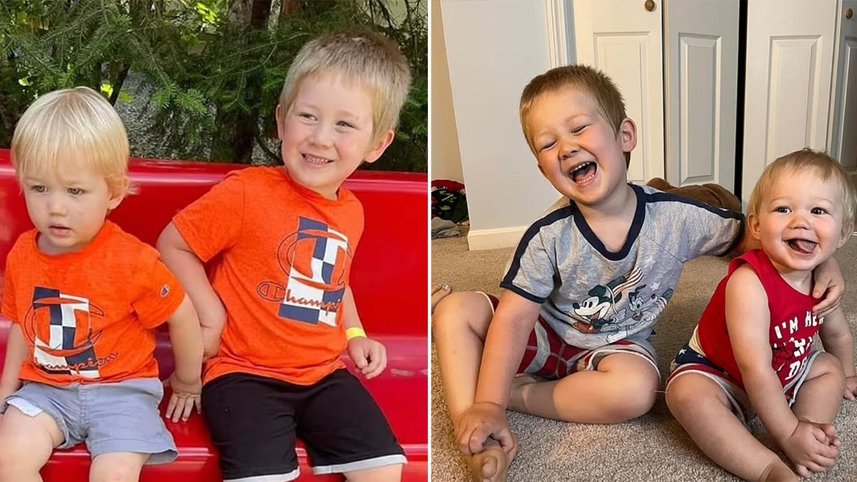 Two young boys laughing.