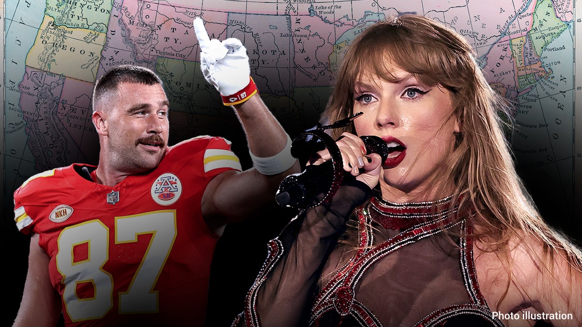 Travis Kelce coloca aquele com sua camisa do Kansas City Chiefs dividida Taylor Swift cantando no palco sobre um mapa dos Estados Unidos