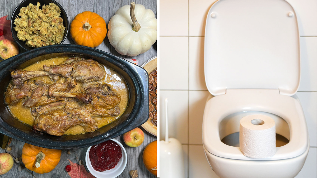 Picture of Thanksgiving meal next to photo of toilet